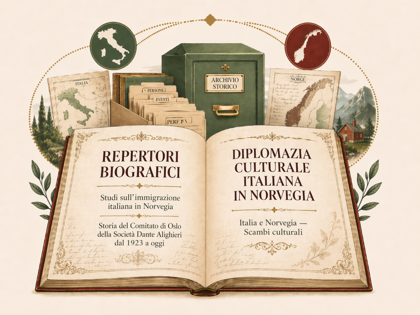 Illustrazione dedicata ai repertori biografici, alla diplomazia culturale italiana in Norvegia e all'archivio storico